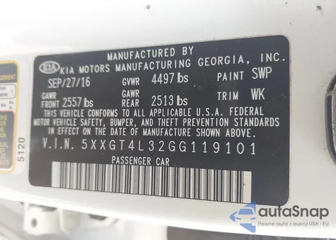 2016 Kia Optima Lx z USA, uszkodzony, nr VIN 5XXGT4L32GG119101